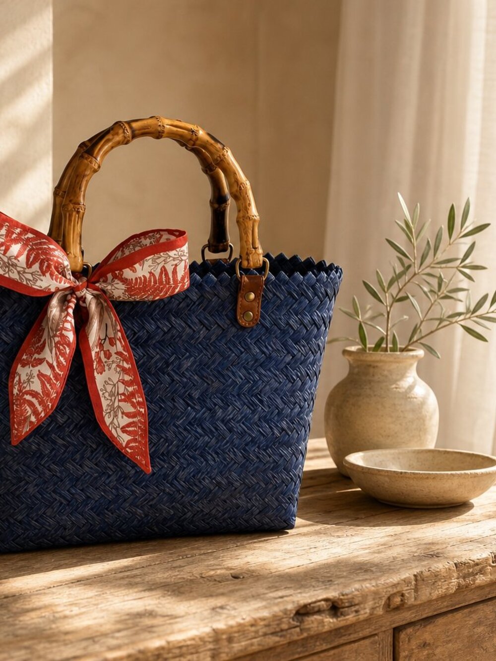 NWT Handwoven Navy Basket Tote Bag | Faux Bamboo Handle + Scarf - Picture 5 of 16